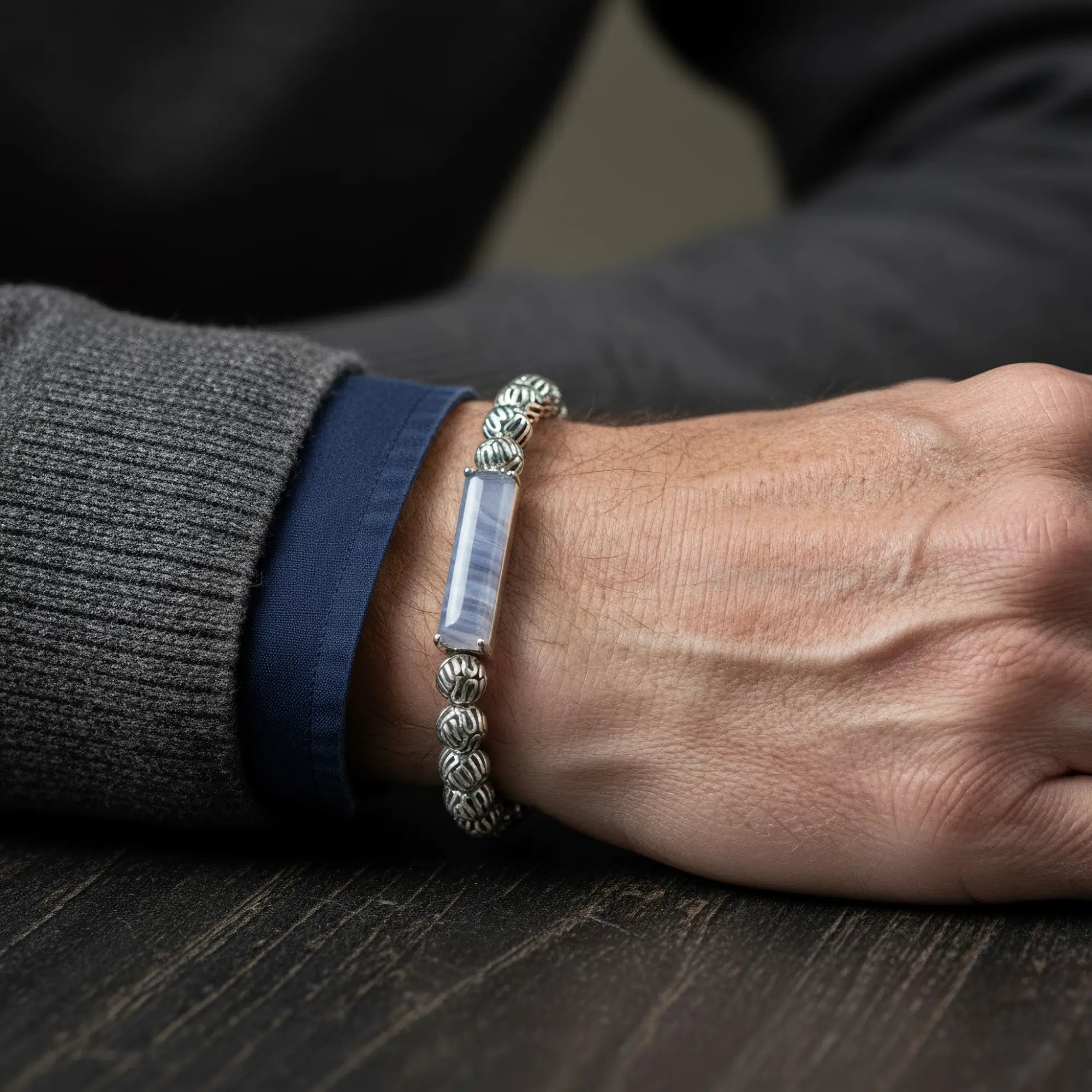 Blue Lace Agate - Silver Bracelet III (6mm)