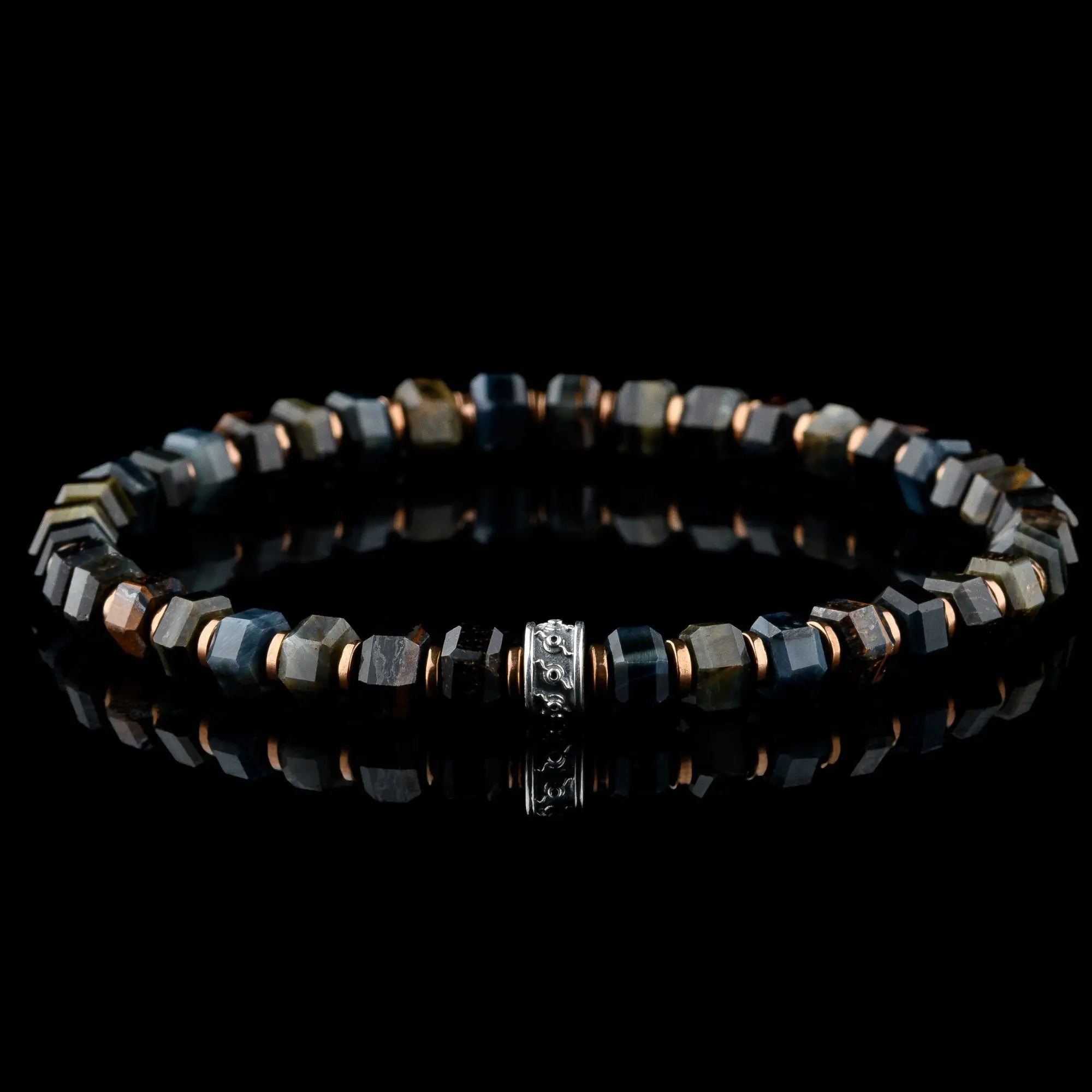 Blue tiger eye bracelet for men. 6mm Hawk's Eye hexagon-cut beads with copper accents. Aurum Brothers.