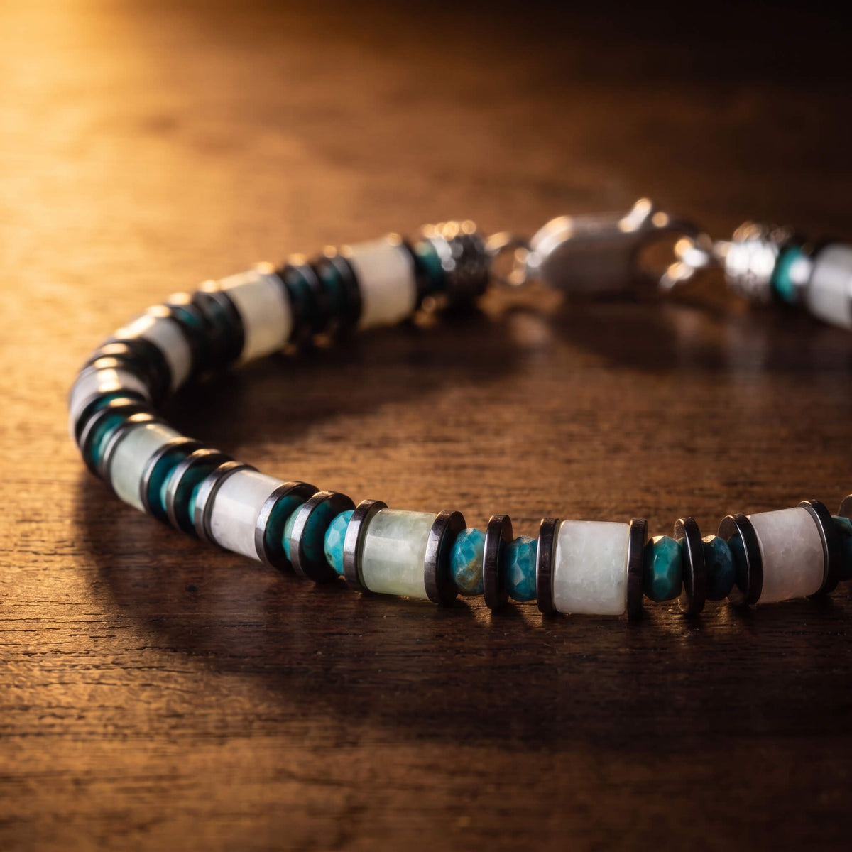 Burmese Jade - Turquoise Bracelet I with pale jade, blue turquoise, hematite spacers and a sterling silver clasp