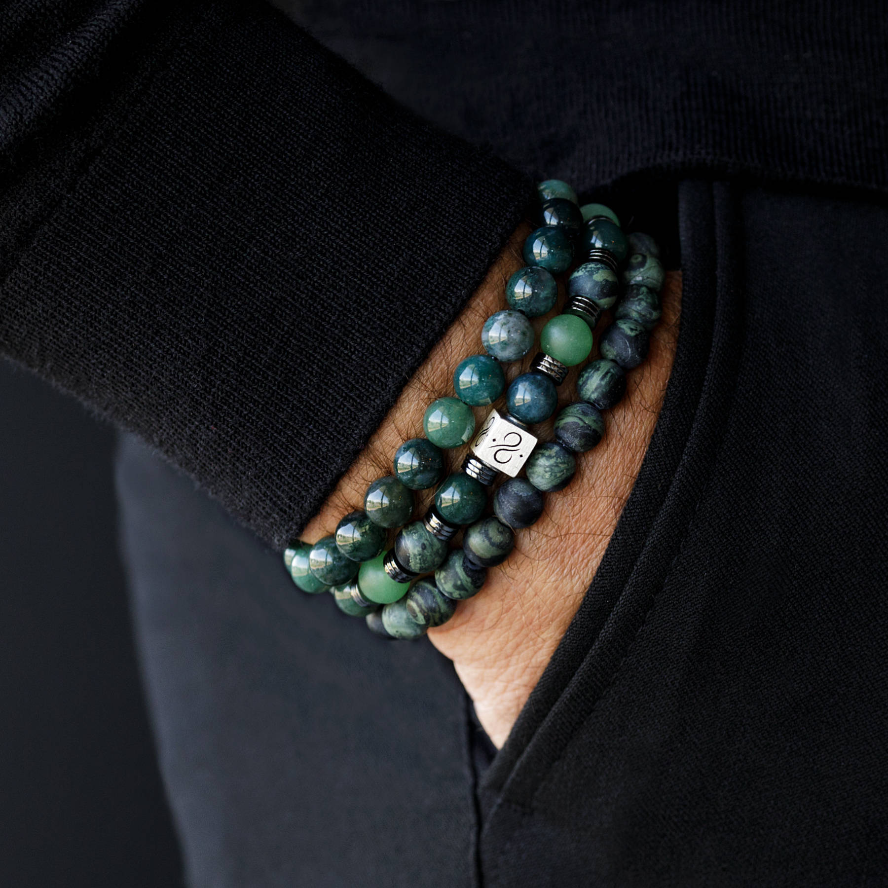 Classic Green Plants Agate, 8mm, Silver bracelet (6837632204854)