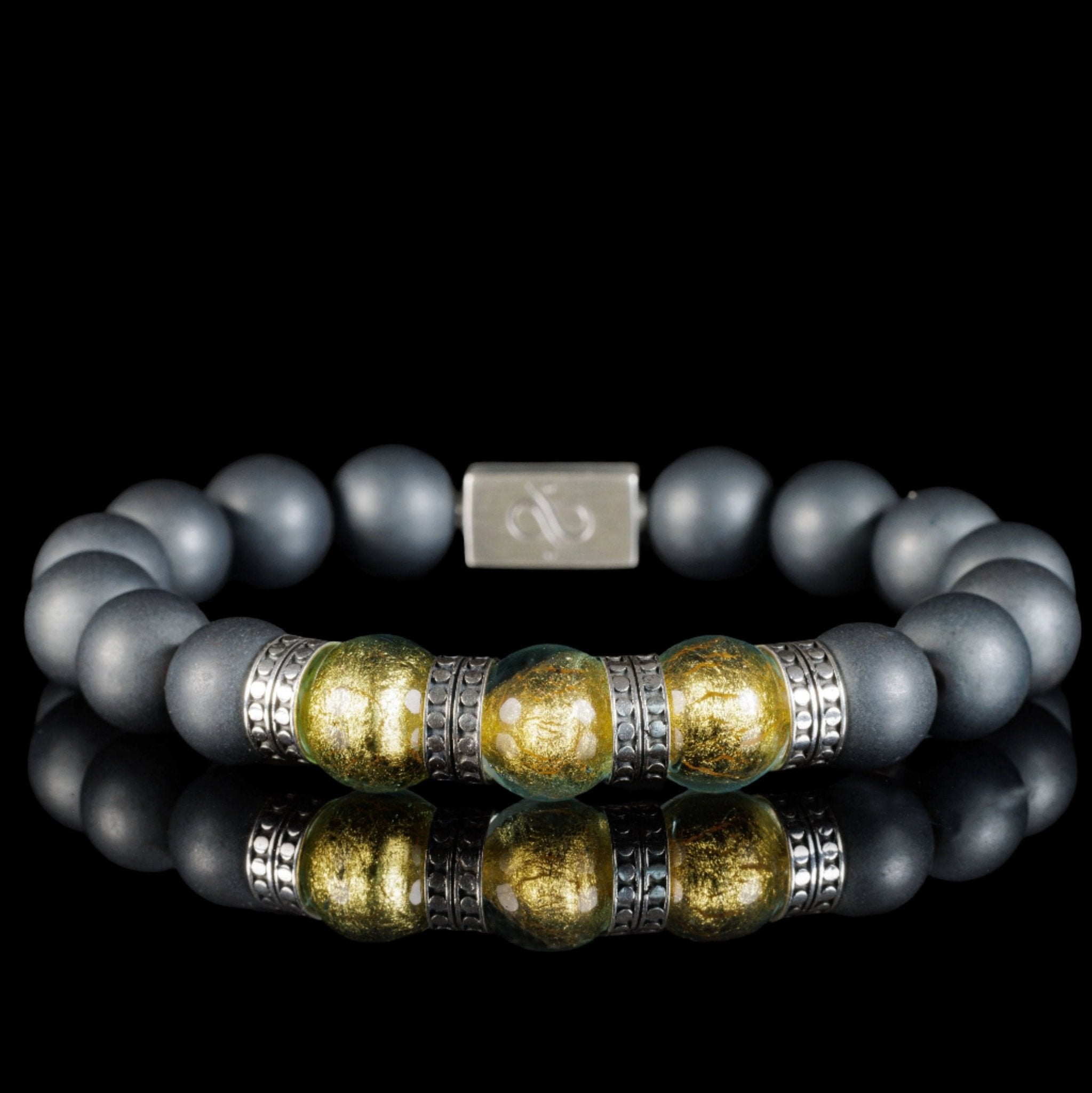 Premium Particolare Gold - Mattes Hämatit, 12 mm, Silberarmband