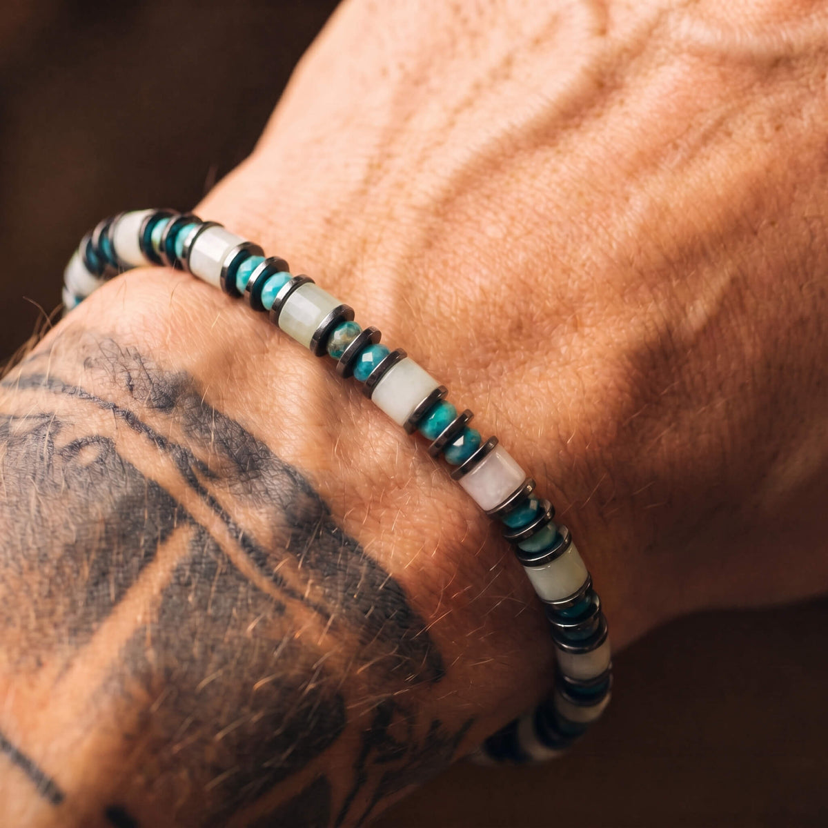 Burmese Jade - Turquoise Bracelet I with pale jade, blue turquoise, hematite spacers and a sterling silver clasp