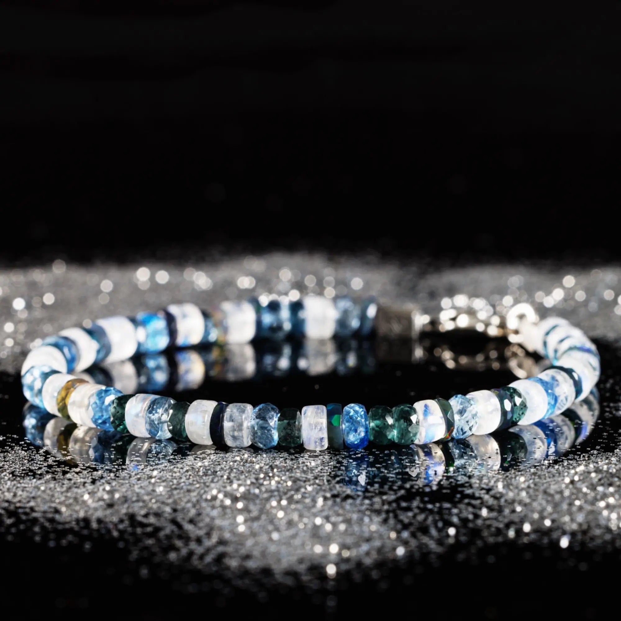 Indigo Kyanite -  Aquamarine - Black Opal - White Moonstone Bracelet IV (5-6mm)
